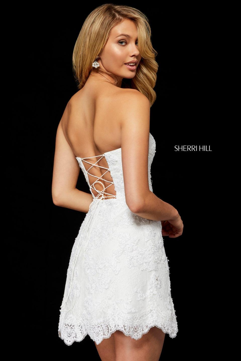 sherri hill Strapless lace cocktail with lace up back