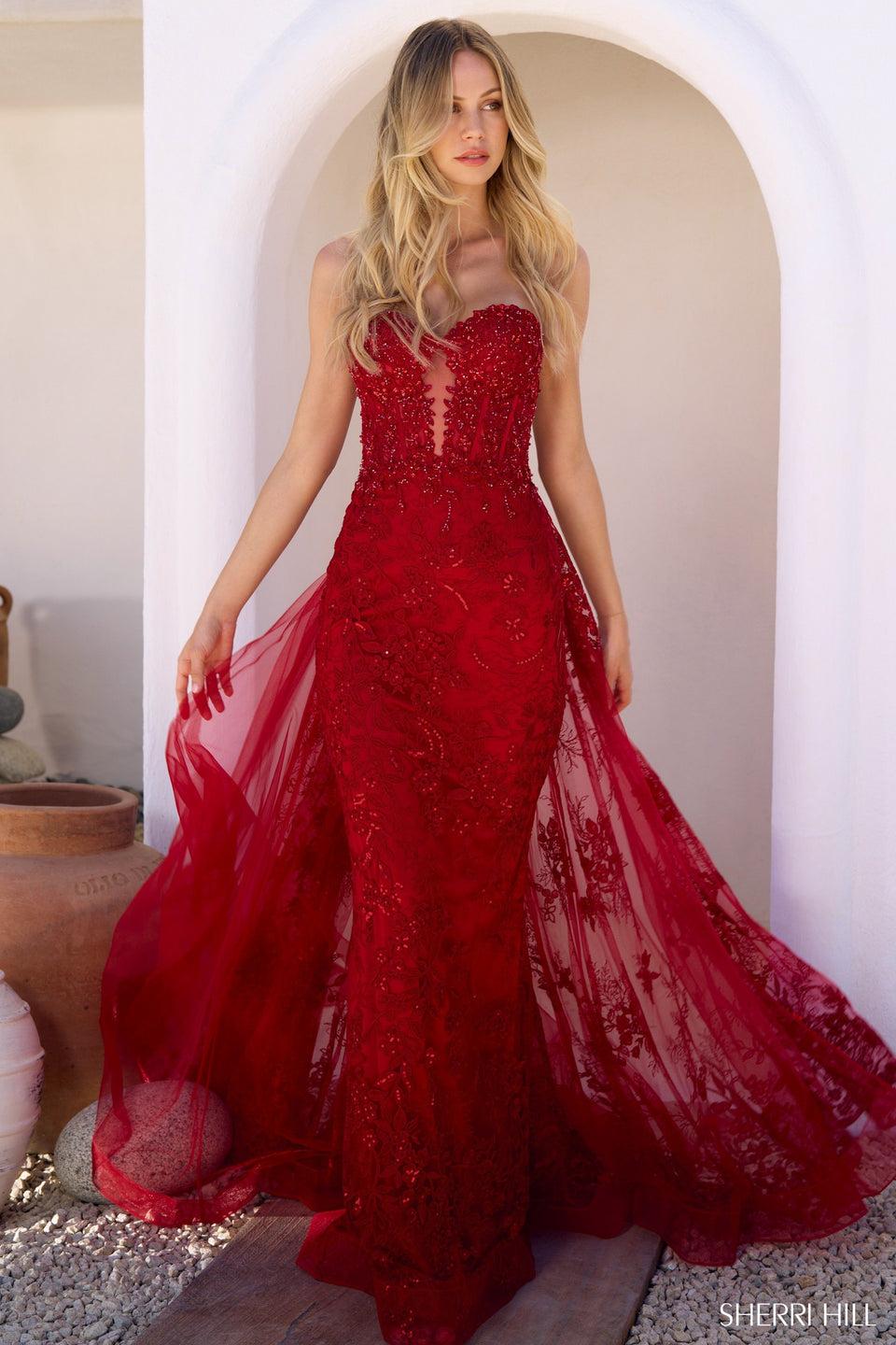 Sherri Hill Strapless Lace Fitted Gown With Lace Overskirt