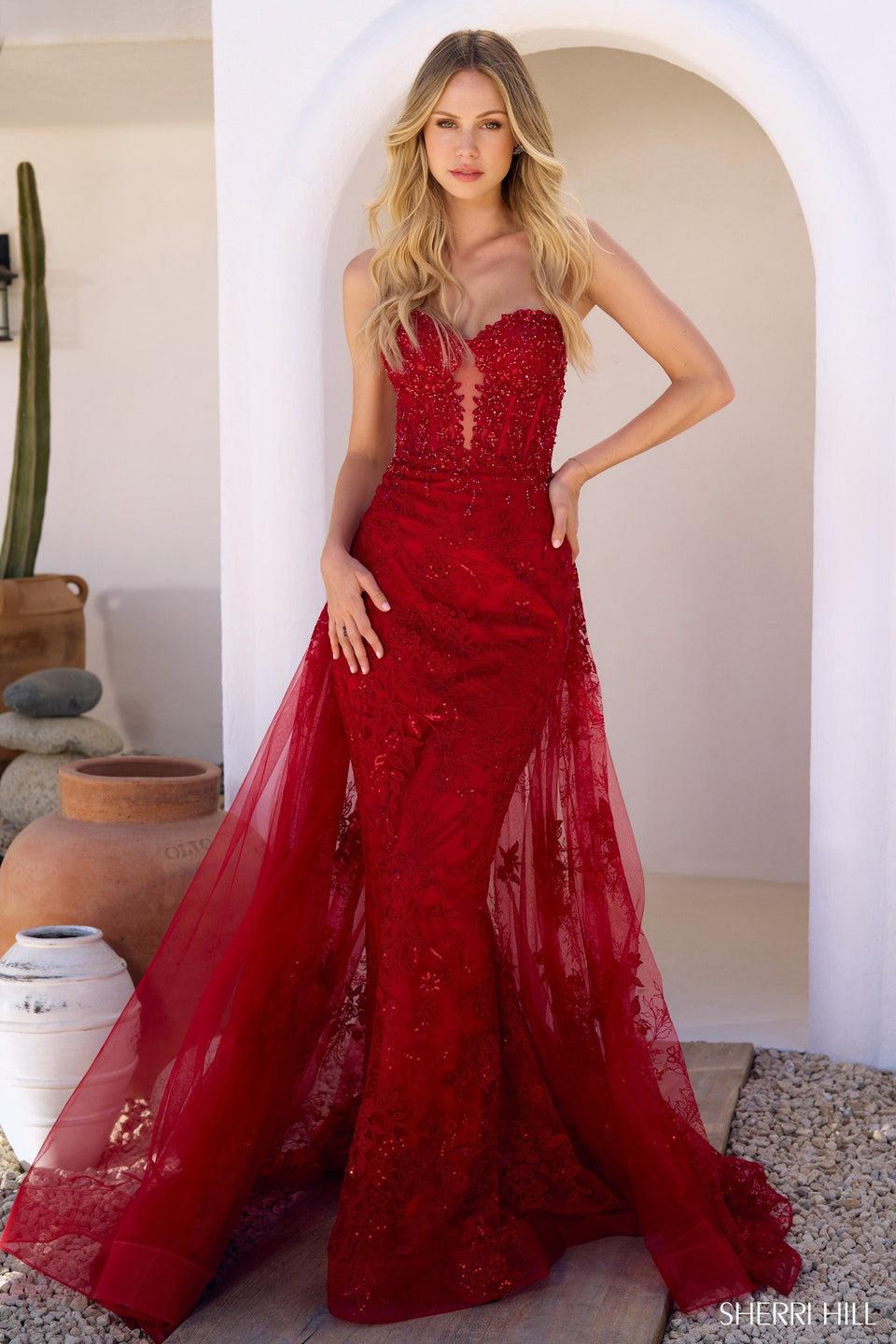 sherri hill Strapless lace fitted gown with lace overskirt