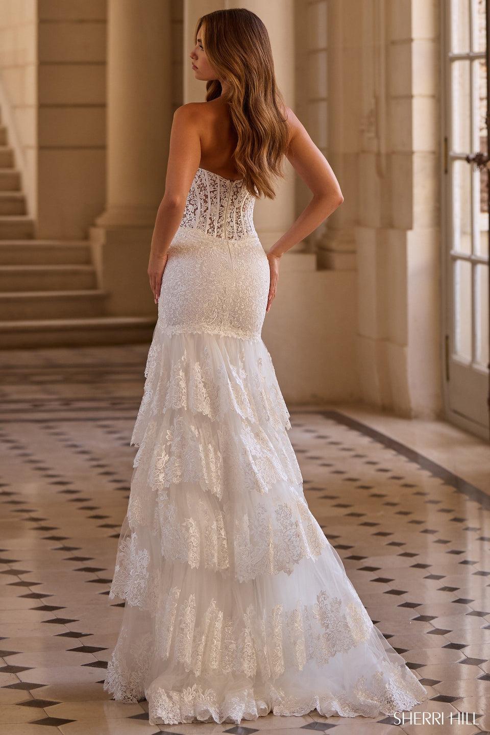 Sherri Hill Strapless Lace Mermaid Gown With Corset Bodice And Lace Ruffle Skirt