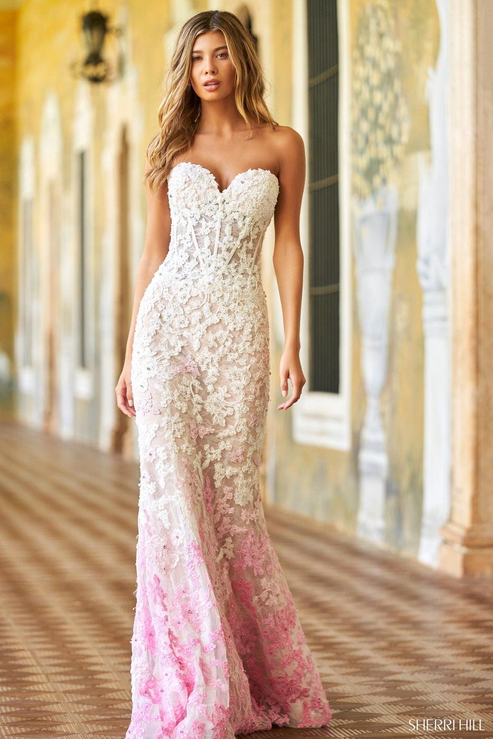 sherri hill Strapless lace ombre fitted gown with corset top and sweetheart neckline