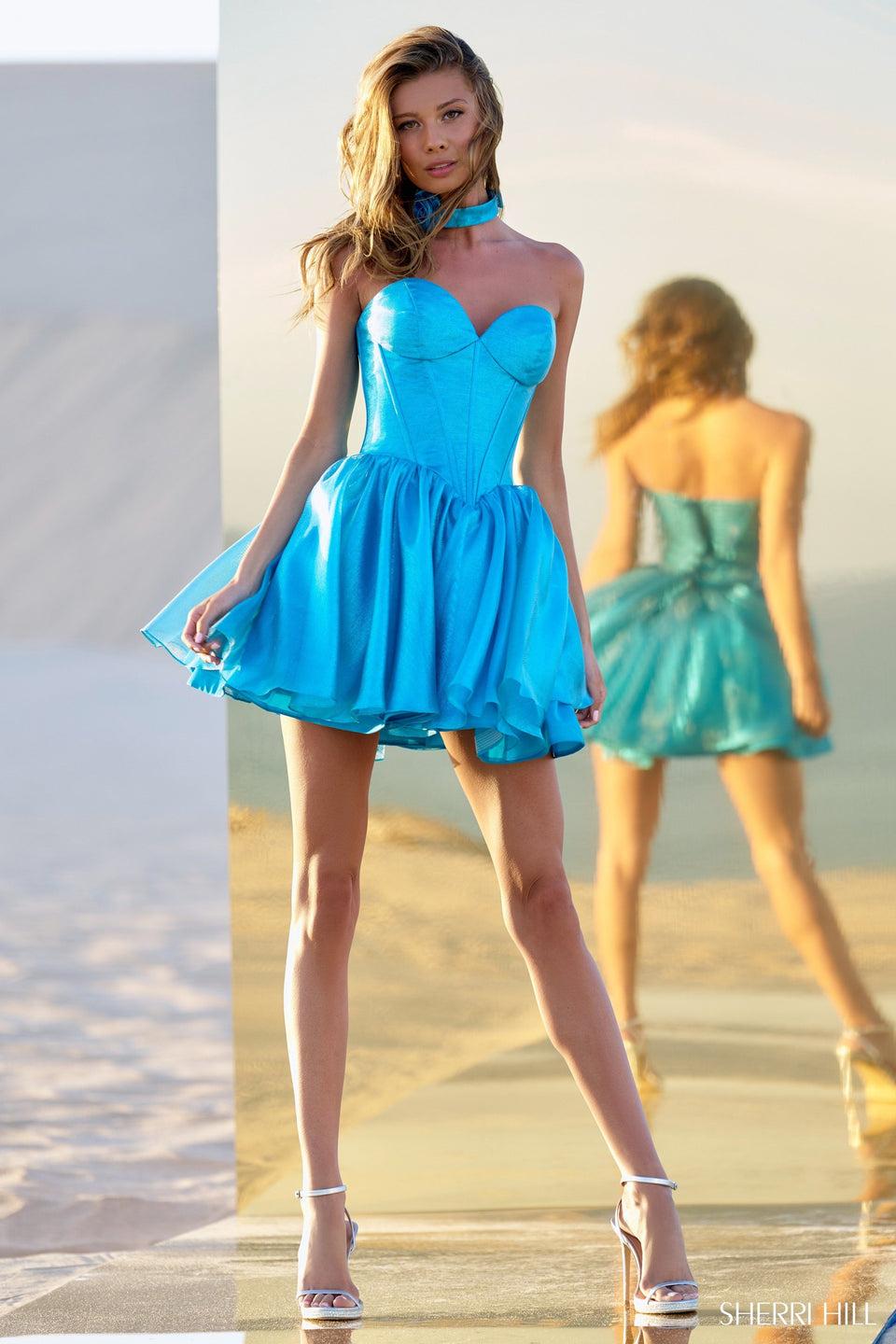 Sherri Hill Strapless Lamé Cocktail Dress With Corset Bodice And Choker
