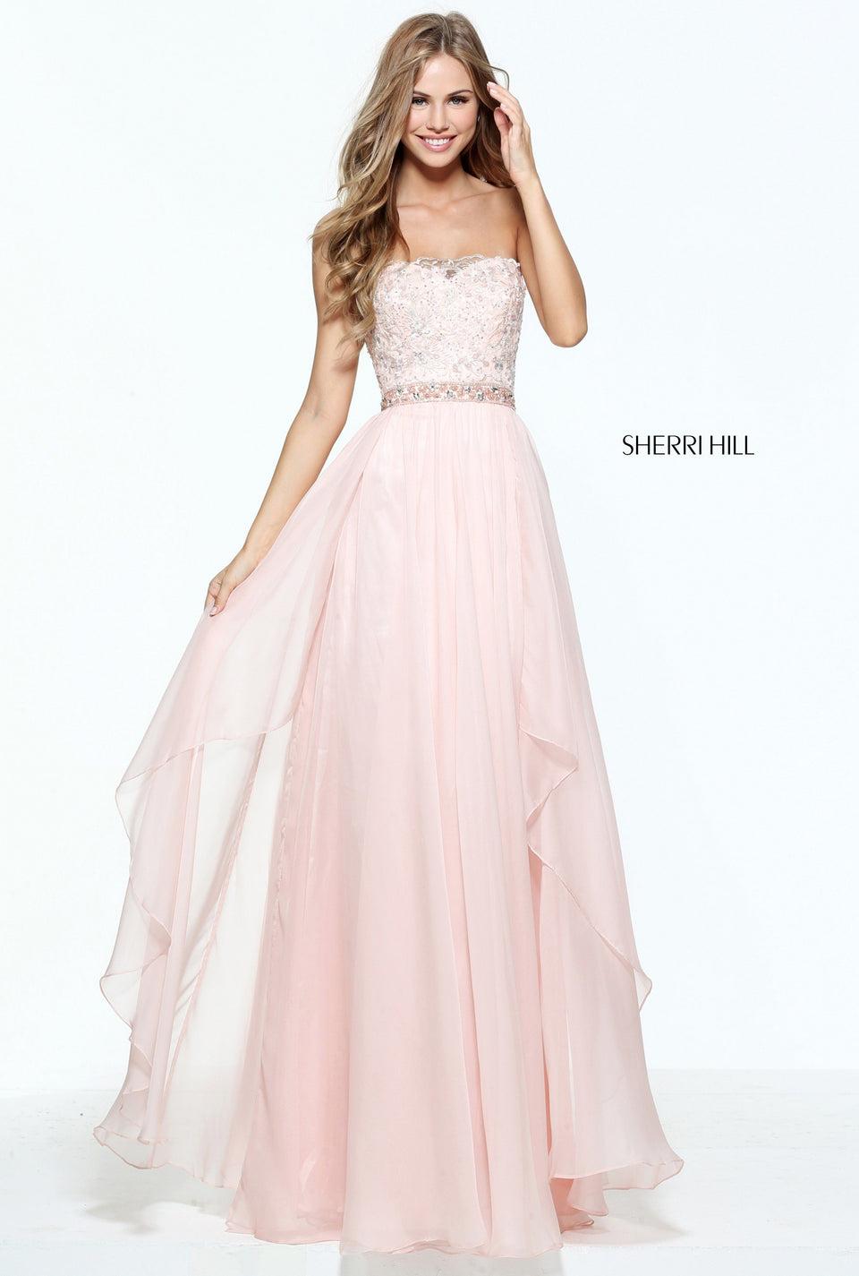 sherri hill Strapless layered chiffon gown with a beaded bodice