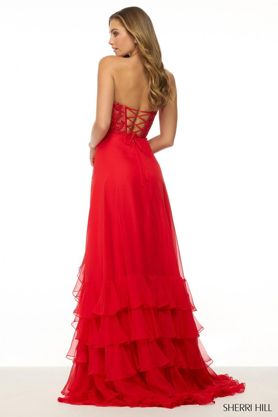 Sherri Hill Strapless Leaf Lace A-Line Gown With Lace Up Back And Chiffon Ruffle Skirt Slit