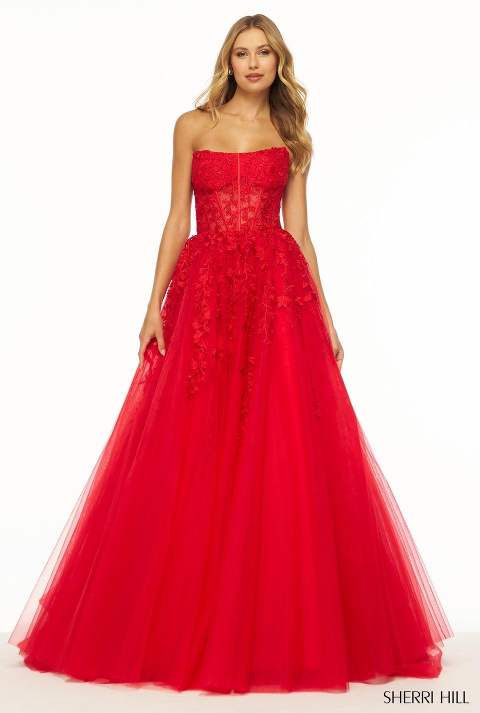 Sherri Hill Strapless Leaf Lace Ball Gown With Sheer Corset Bodice