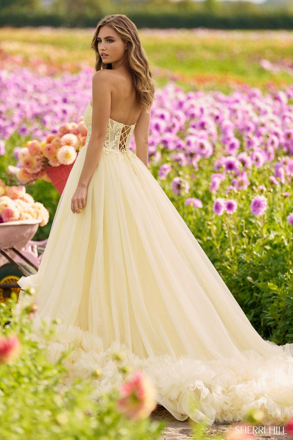 Sherri Hill Strapless Leaf Lace Ball Gown With Tulle Ruffle Skirt And Lace Up Back
