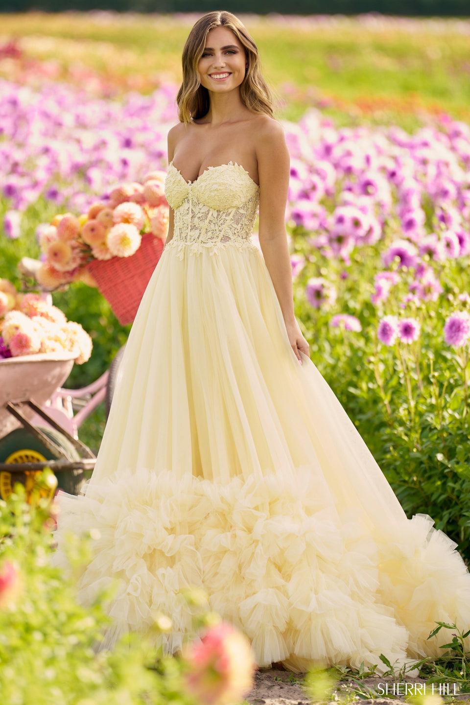 sherri hill Strapless leaf lace ball gown with tulle ruffle skirt and lace up back
