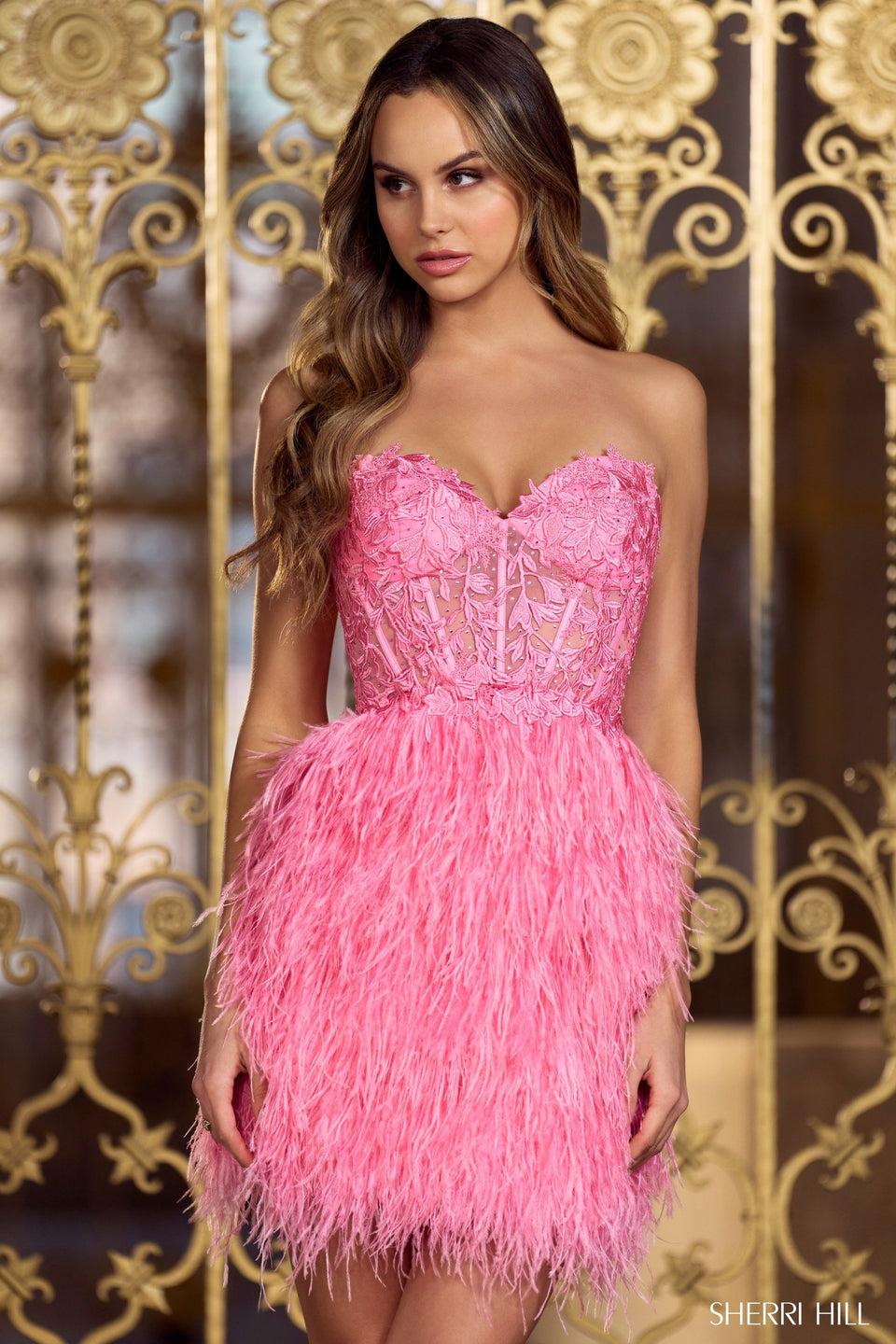 sherri hill Strapless Leaf lace embroidered corset top with feathered skirt and lace up back