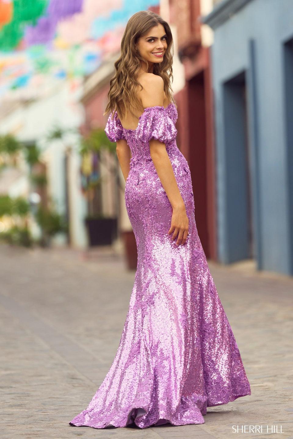 Sherri Hill Strapless Machine Sequin Corset Gown With Lace Embellishments Boned Bodice Removable Ballon Sleeves And Skirt Slit