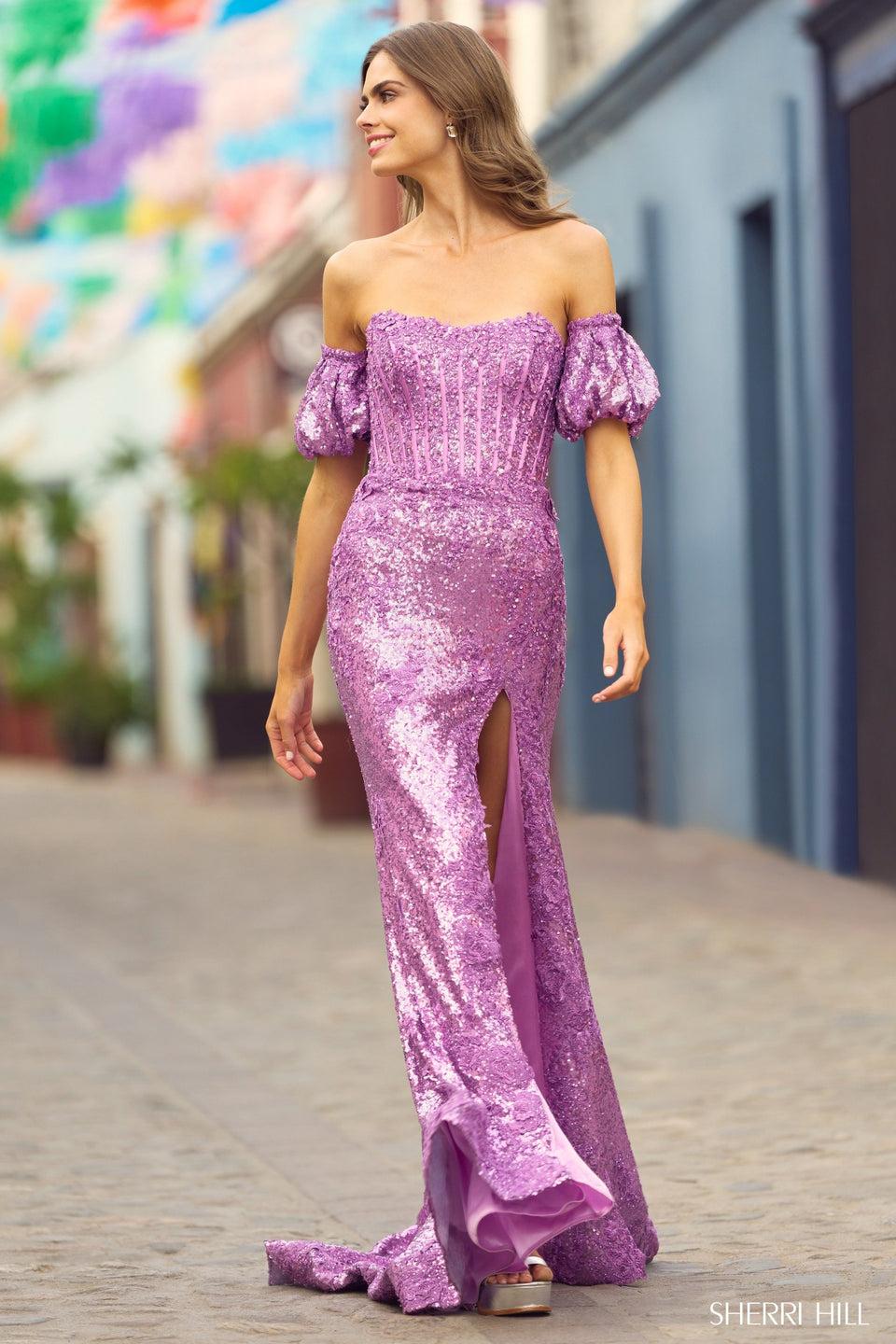 Sherri Hill Strapless Machine Sequin Corset Gown With Lace Embellishments Boned Bodice Removable Ballon Sleeves And Skirt Slit
