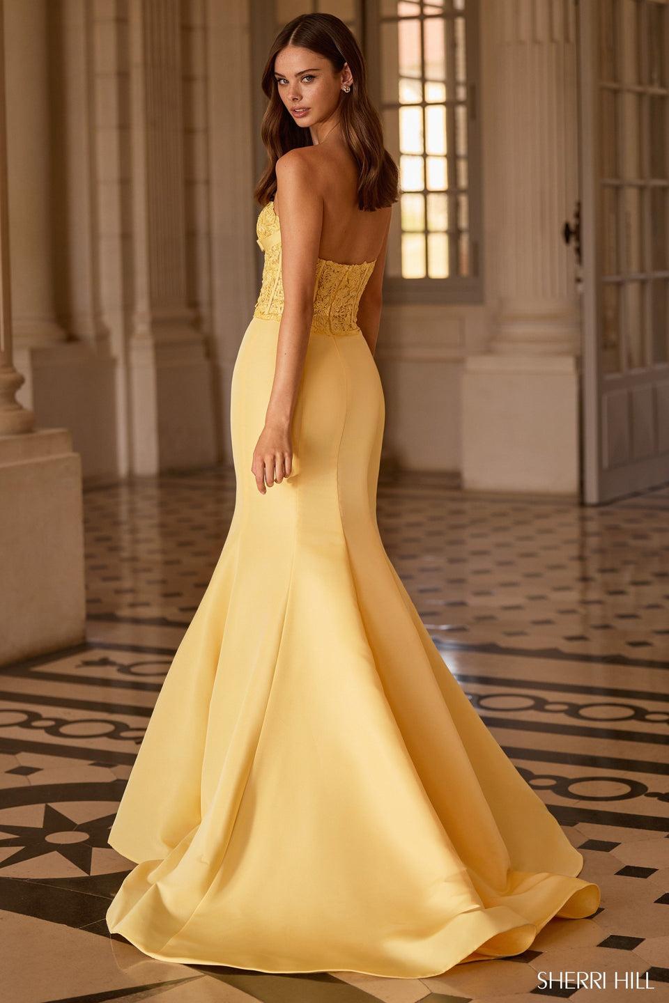 Sherri Hill Strapless Mermaid Gown With Lace Corset Bodice And A Taffeta Skirt