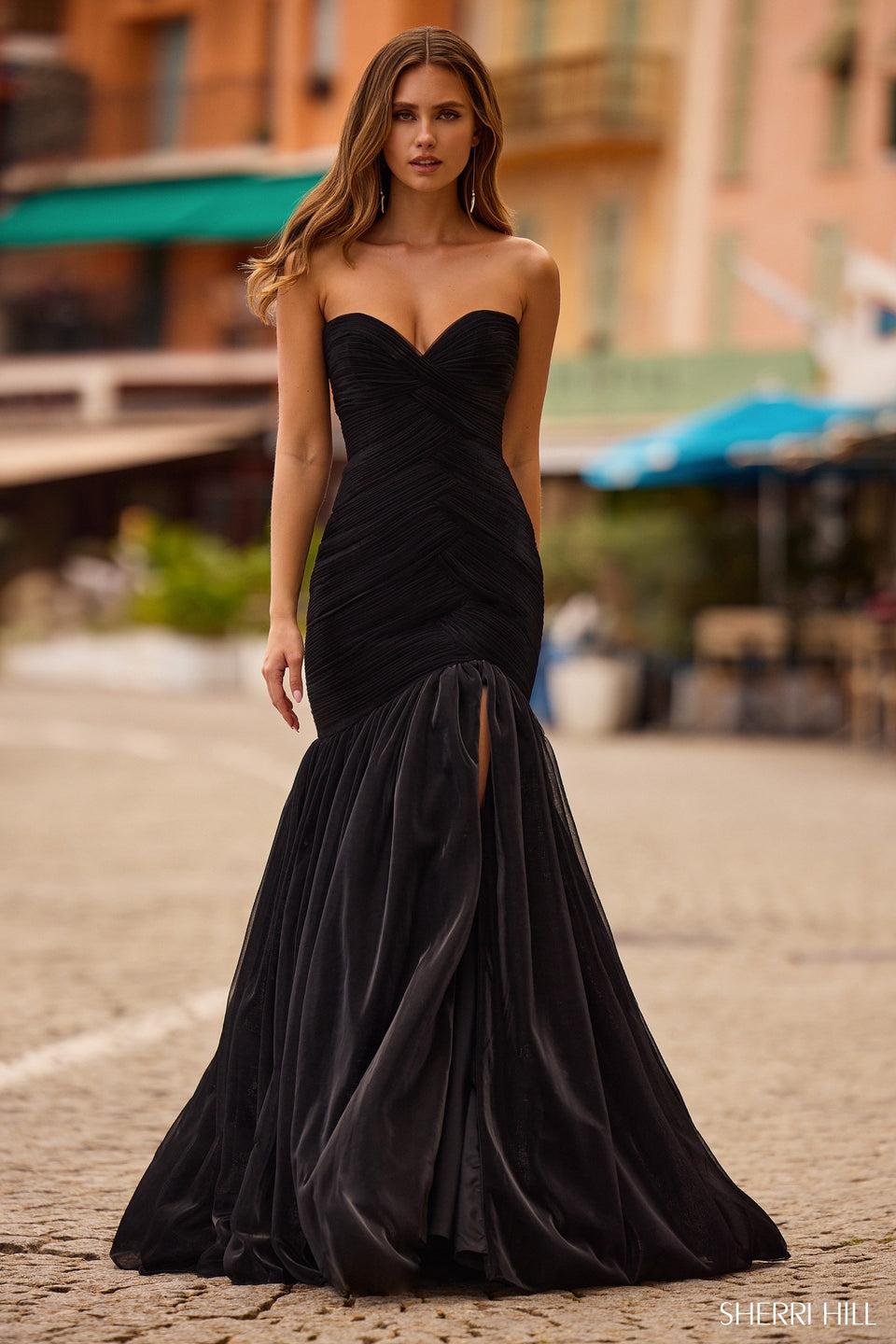 sherri hill Strapless mermaid metallic mesh gown with skirt slit