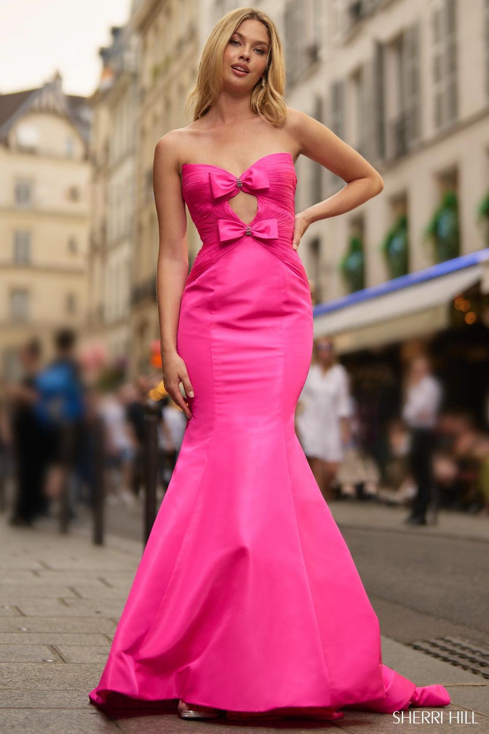 Sherri Hill Strapless Mermaid Taffeta Gown With Ruched Bodice And Keyhole And Bow Embellishments