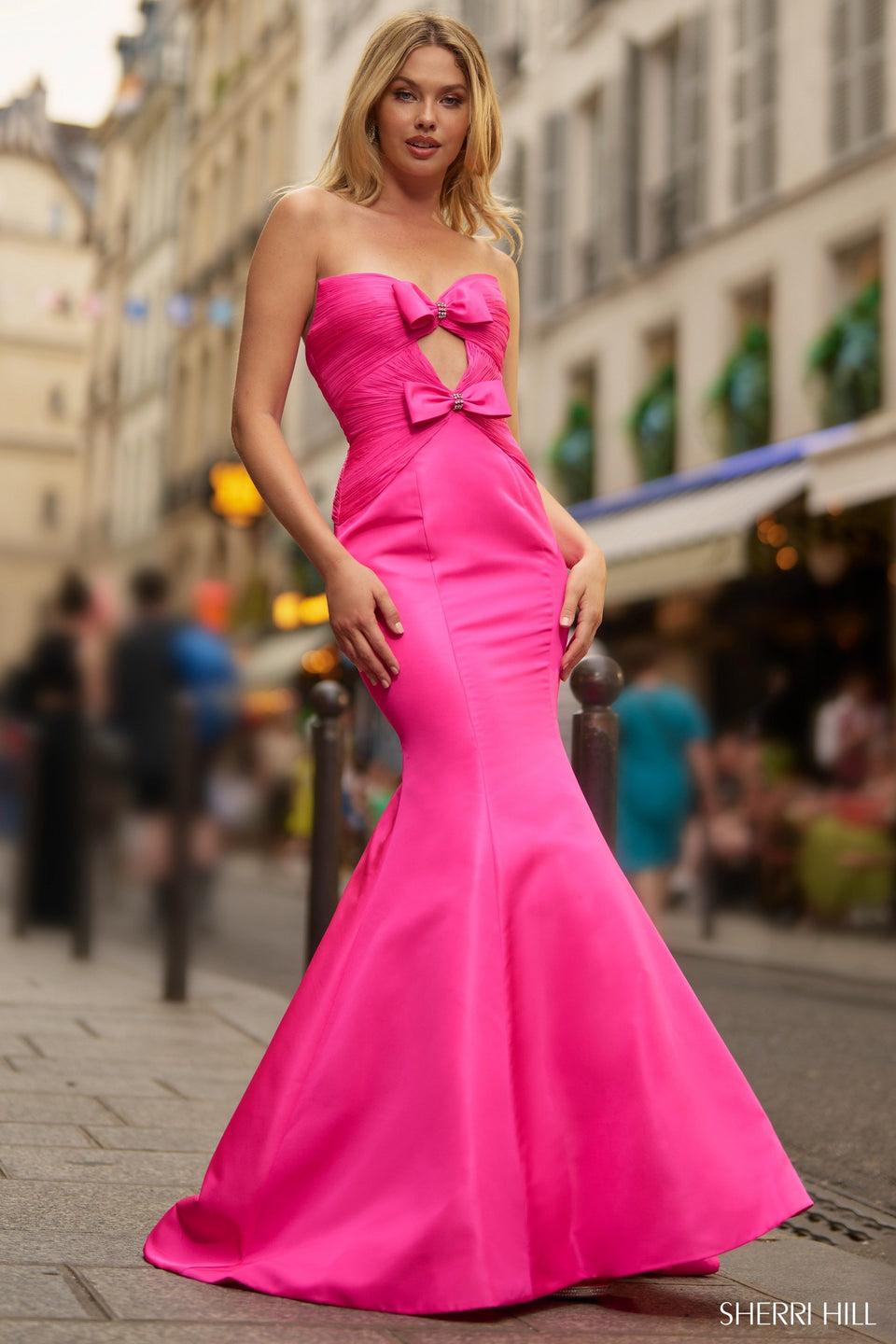 sherri hill Strapless mermaid taffeta gown with ruched bodice and keyhole and bow embellishments
