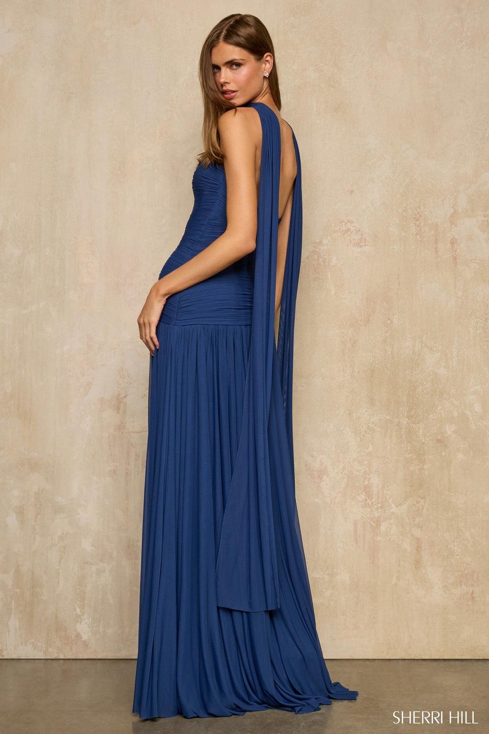 Sherri Hill Strapless Mesh Gown With An Asymmetrical Drop Waist Skirt Slit And Neck Scarf