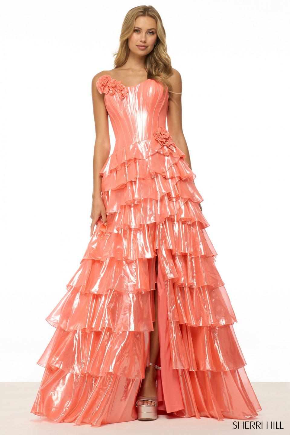 sherri hill Strapless metallic ballgown with rosette embellishments and a ruffle skirt with slit