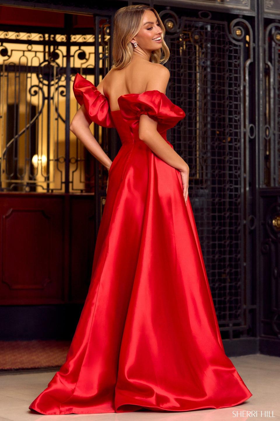 Sherri Hill Strapless Mikado A-line Gown With A Deep V-Neckline Skirt Slit And Puffy Attachable Sleeves