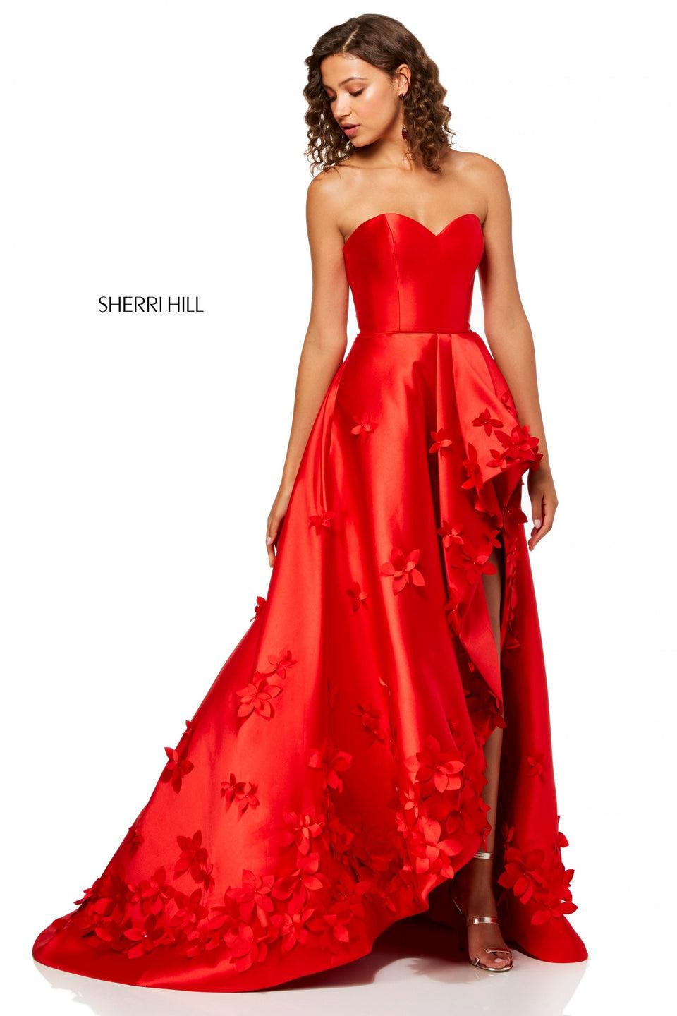 Sherri Hill Strapless Mikado A-line With 3D Floral Applique And Ruffle Front Slit