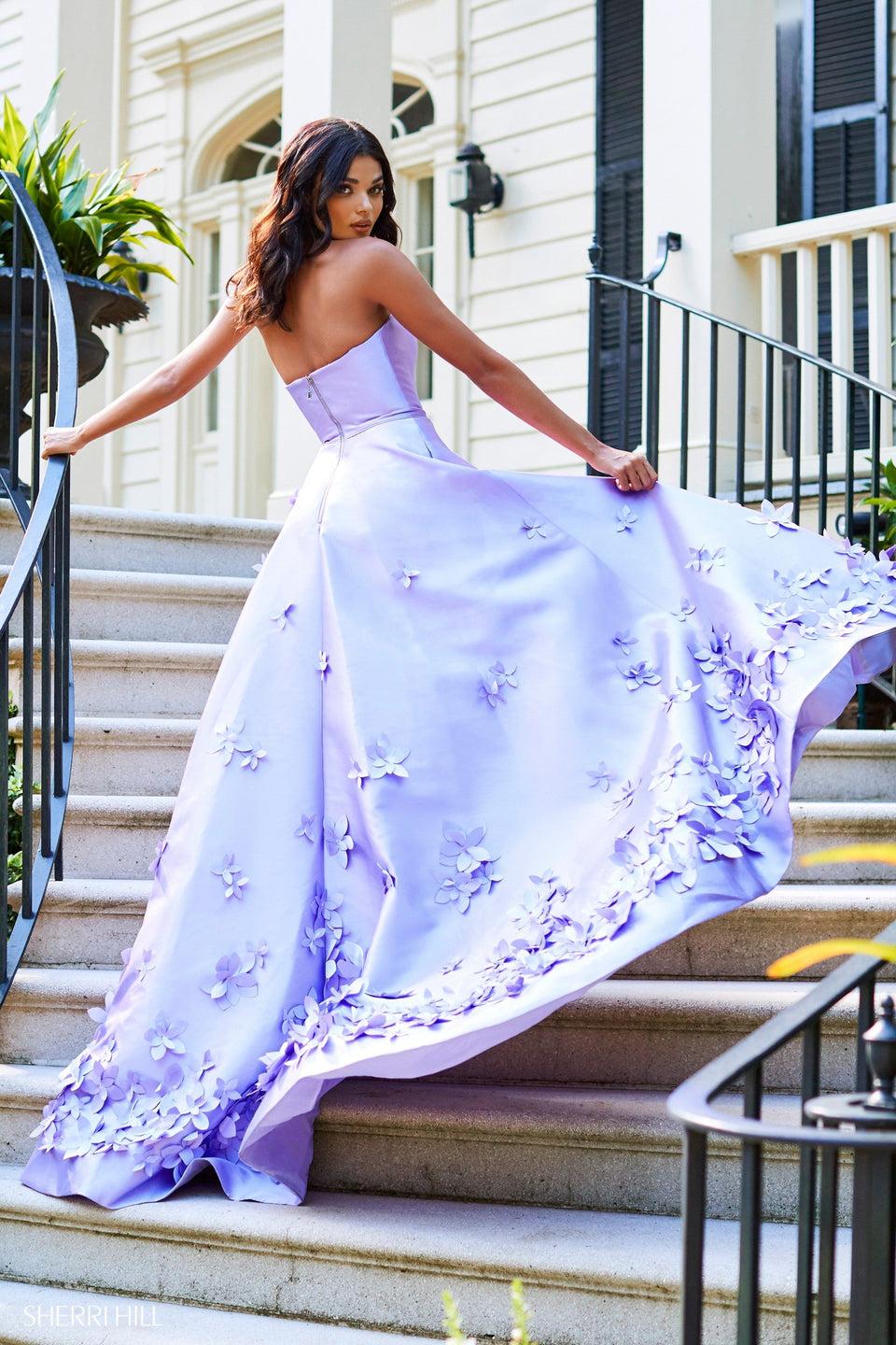 Sherri Hill Strapless Mikado A-line With 3D Floral Applique And Ruffle Front Slit