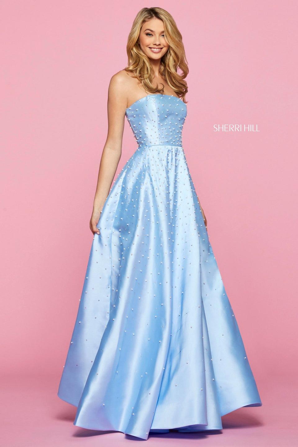 Sherri Hill Strapless Mikado A-line With Pearl And Crystal Embellishments Slit Skirt And Corset Style Lace Up Back