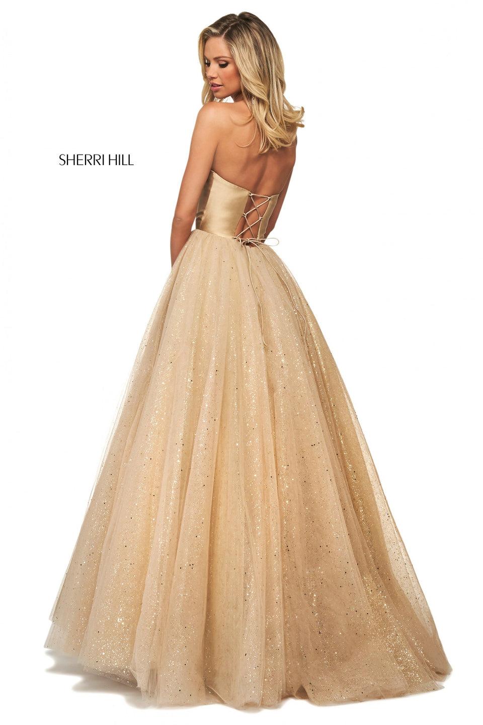 Sherri Hill Strapless Mikado Bodice With Corset Style Lace Up Back And Glitter Tulle Ball Gown Skirt