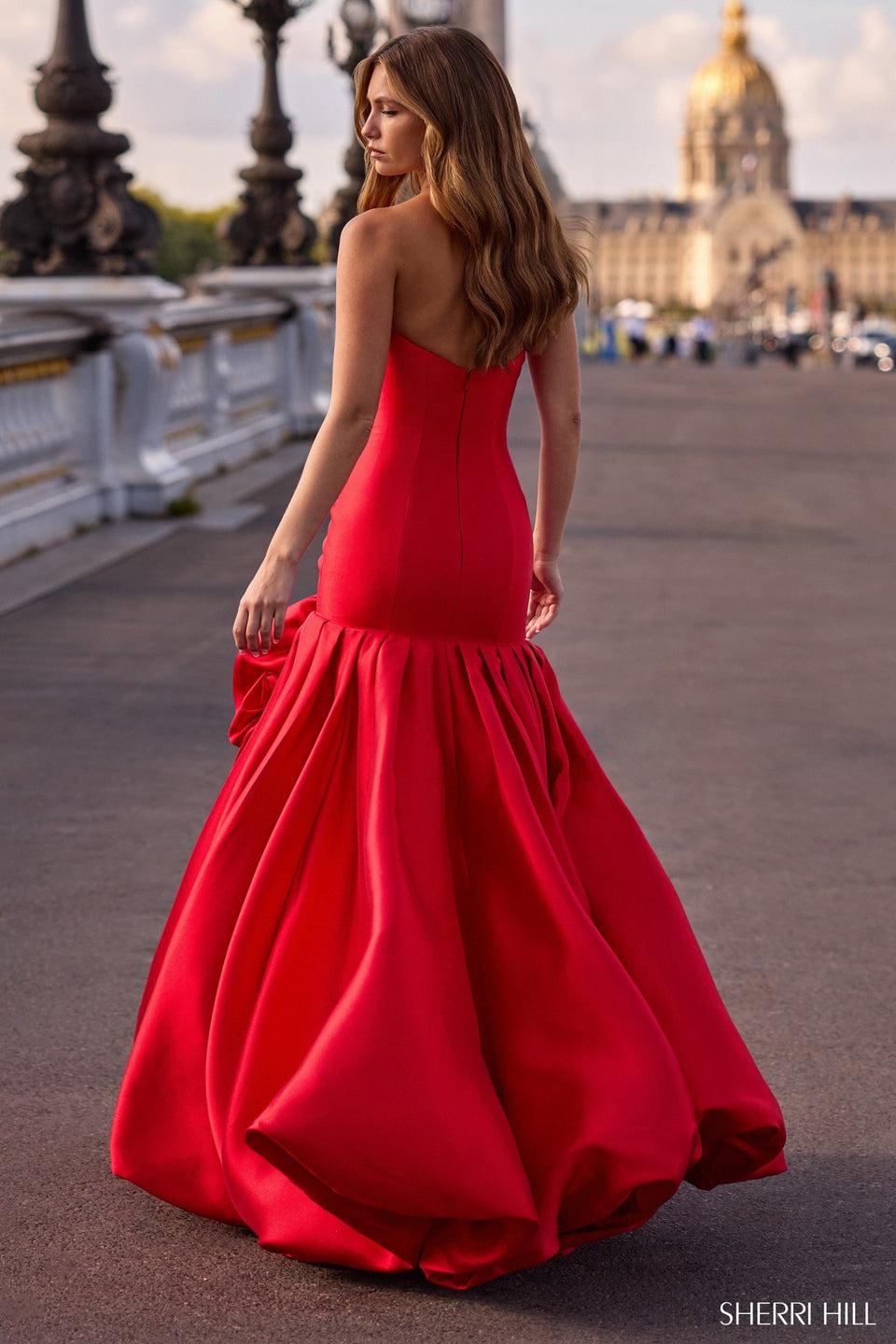 Sherri Hill Strapless Mikado Mermaid Gown With Rosette Embellished Bubble Skirt