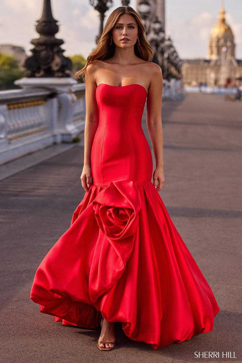 sherri hill Strapless mikado mermaid gown with rosette embellished bubble skirt