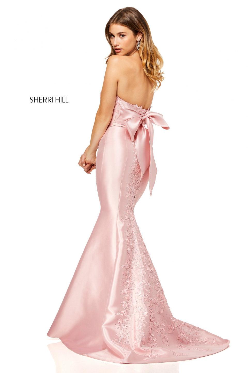 Sherri Hill Strapless Mikado Mermaid With Embroidered Neckline And Back And A Bow In The Back