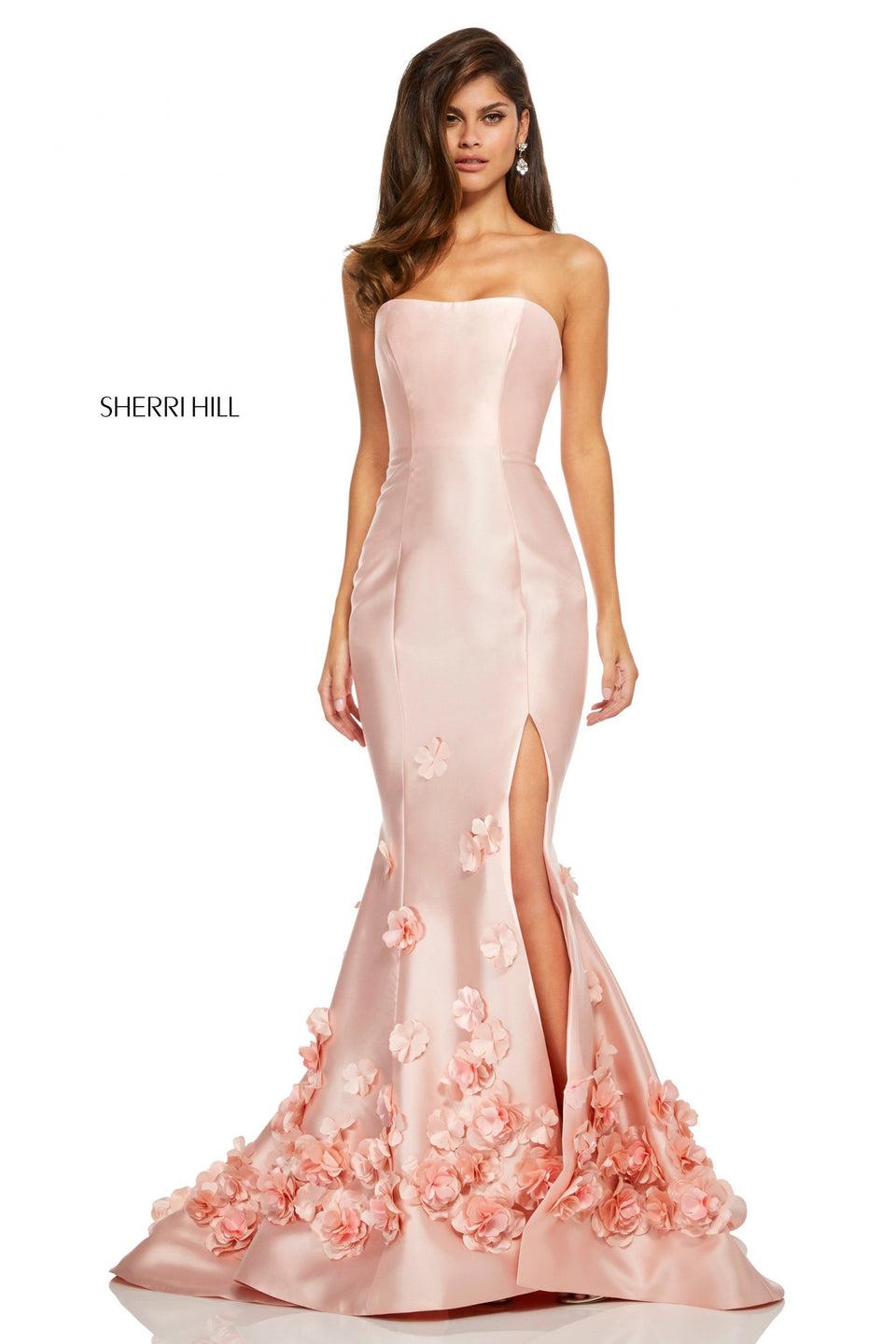 Sherri Hill Strapless Mikado Mermaid With Skirt Slit And 3D Flowers Along Hem