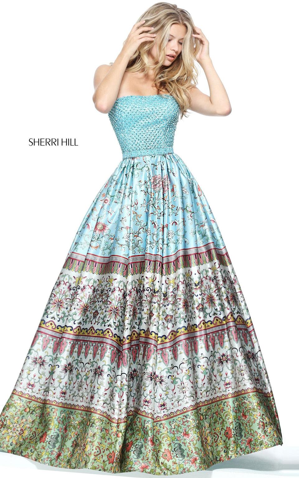 Sherri Hill Strapless Multi Print Ball Gown With A Fully Beaded Bodice And Matching Waist Band