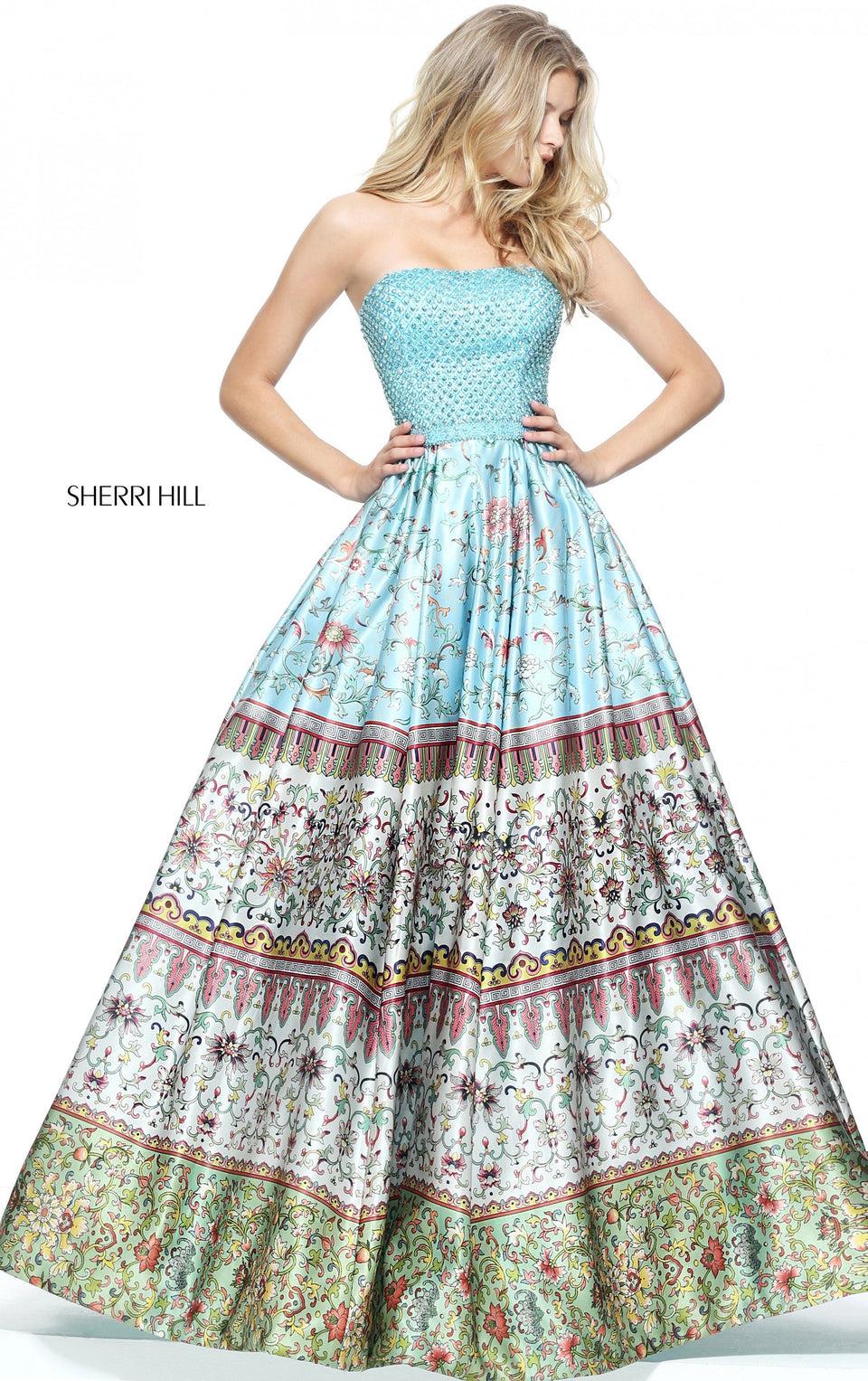 Sherri Hill Strapless Multi Print Ball Gown With A Fully Beaded Bodice And Matching Waist Band
