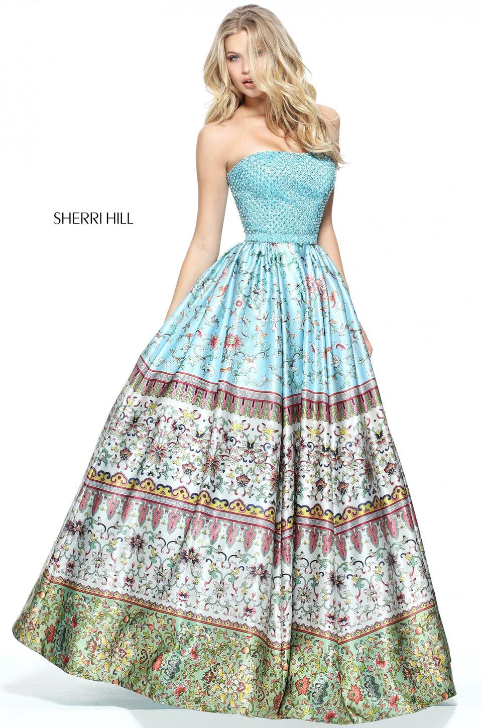 sherri hill Strapless multi print ball gown with a fully beaded bodice and matching waist band