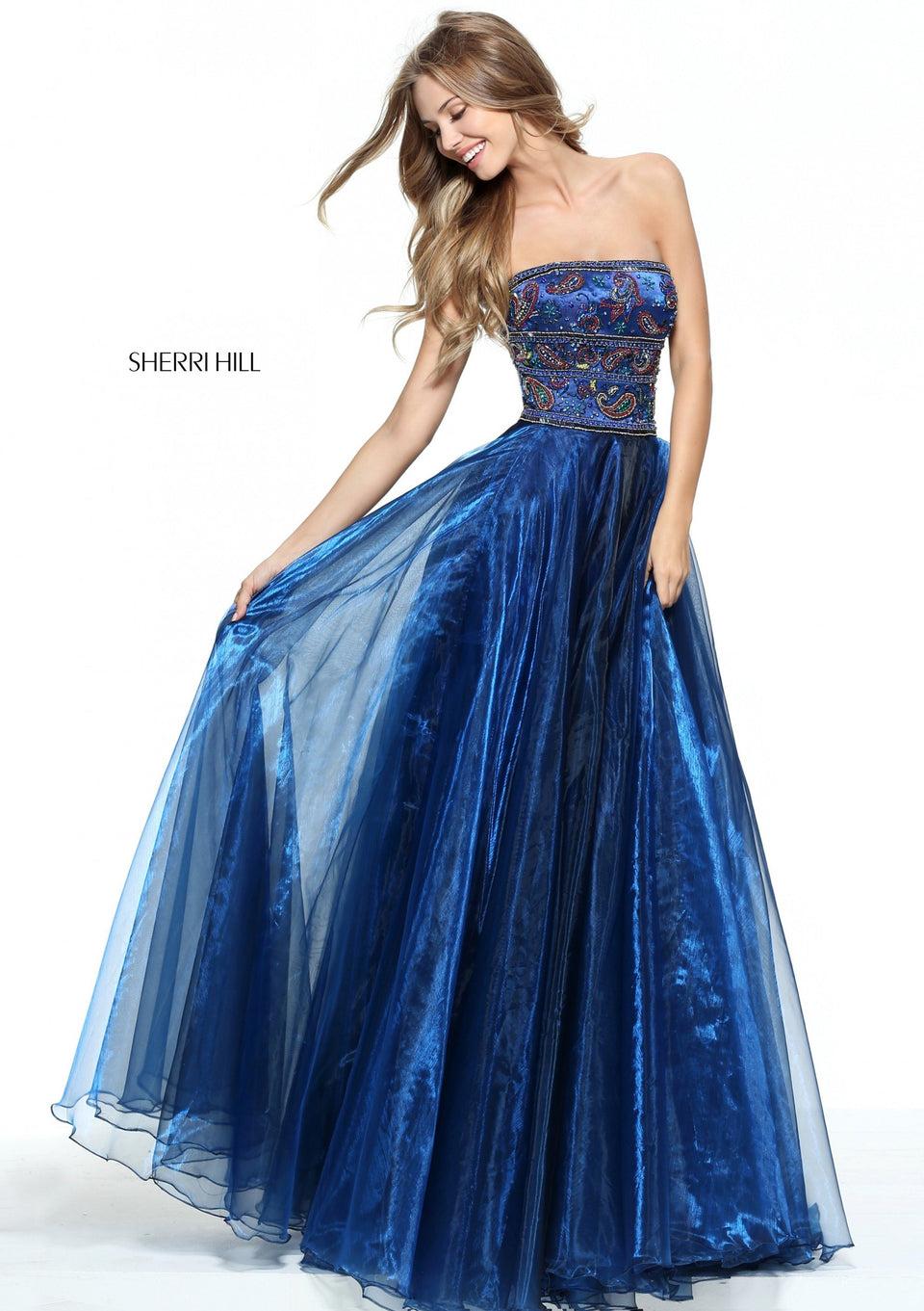 sherri hill Strapless organza A-line gown with a paisley beaded bodice