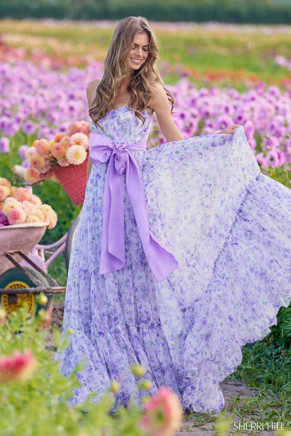 Sherri Hill Strapless Organza Floral Print With Taffeta Waistline Bow And Skirt Slit