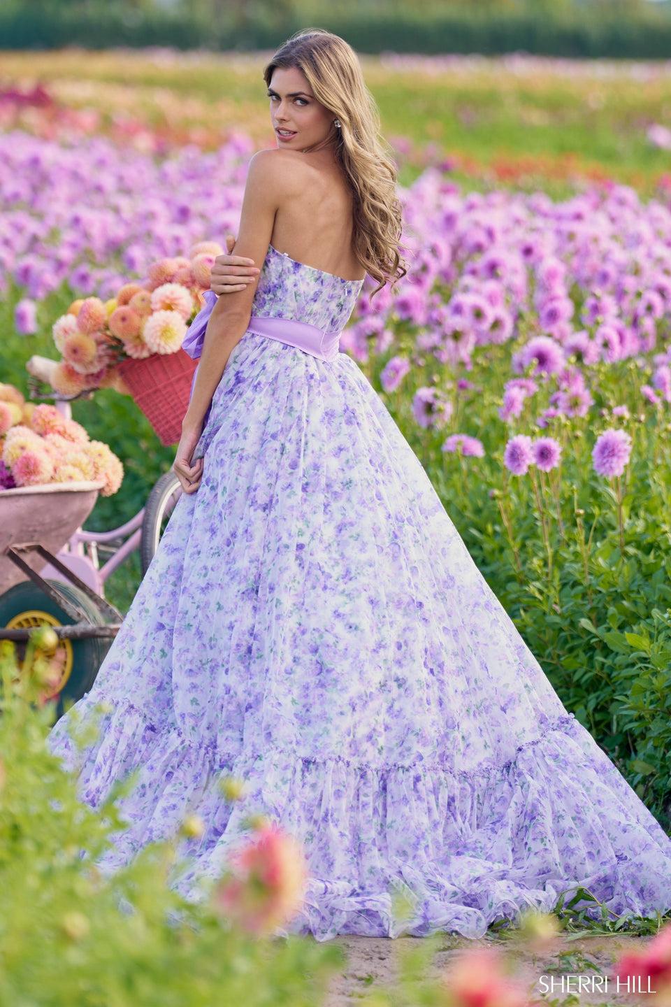 Sherri Hill Strapless Organza Floral Print With Taffeta Waistline Bow And Skirt Slit