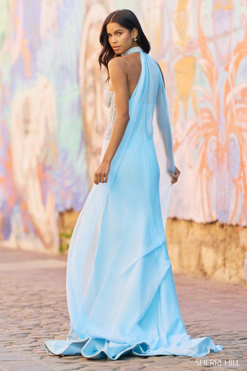 Sherri Hill Strapless Pearl Beaded Sheer Corset Bodice With Rhinestone Choker Followed By A Cape And Scuba Skirt Slit