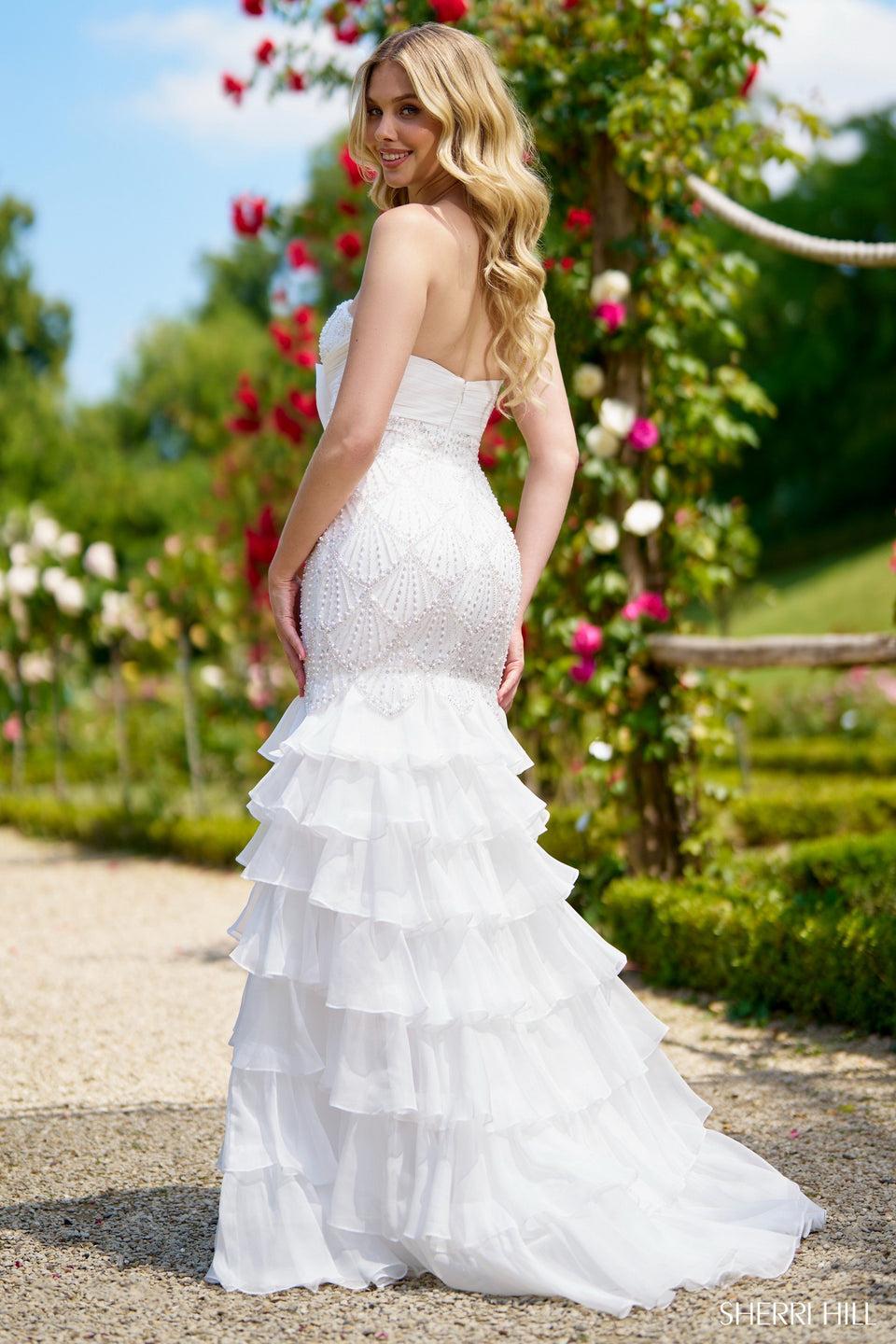 Sherri Hill Strapless Pearl Gown With Bow And Chiffon Ruffle Skirt