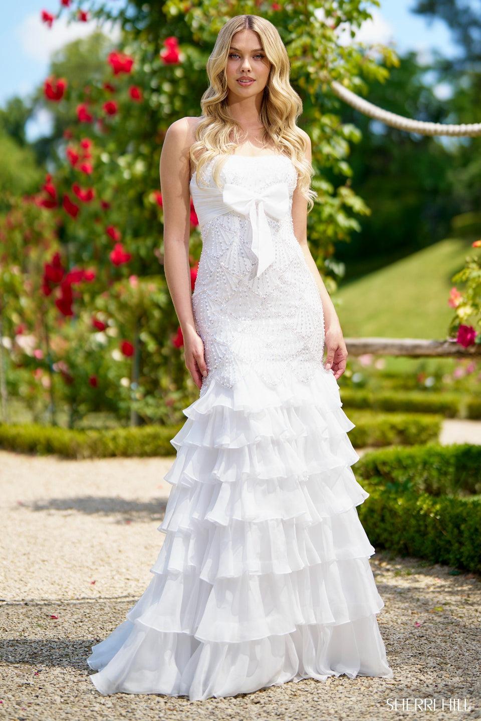 Sherri Hill Strapless Pearl Gown With Bow And Chiffon Ruffle Skirt