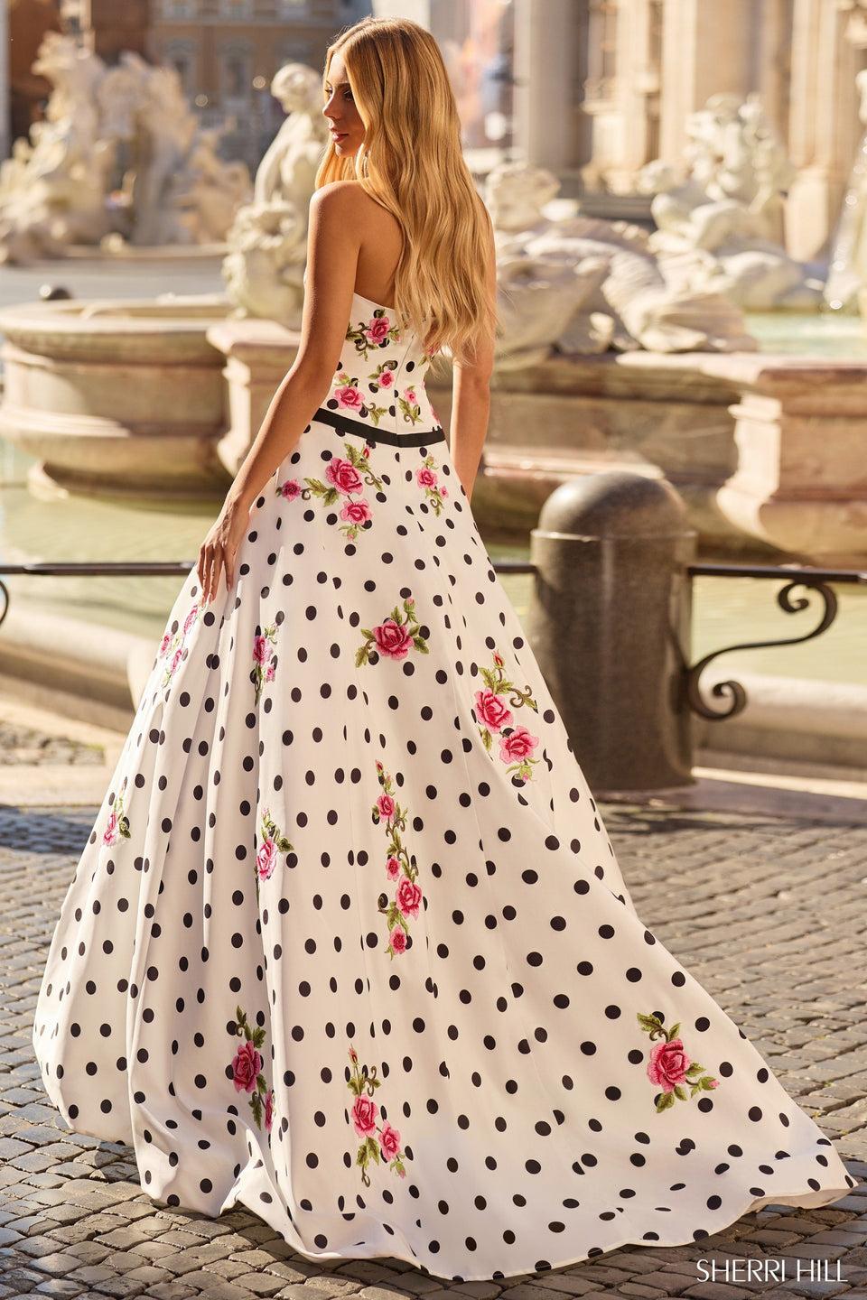 Sherri Hill Strapless Polka Dot Drop-waist Ballgown With Bow And Floral Appliques