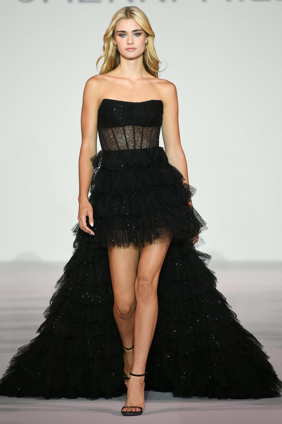 sherri hill Strapless ruffle sequin high-low gown with sheer corset bodice