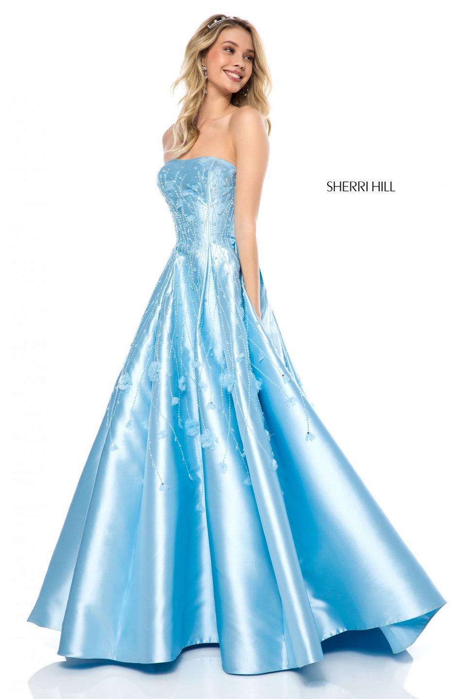 Sherri Hill Strapless Satin A-line With Floral And Beaded Appliques