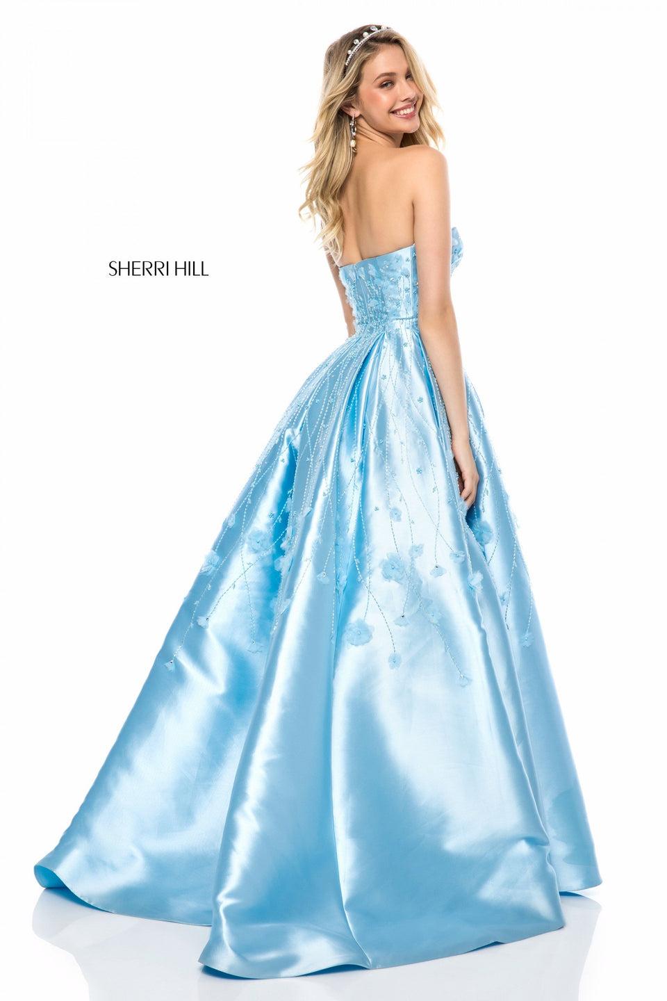 sherri hill Strapless satin A-line with floral and beaded appliques