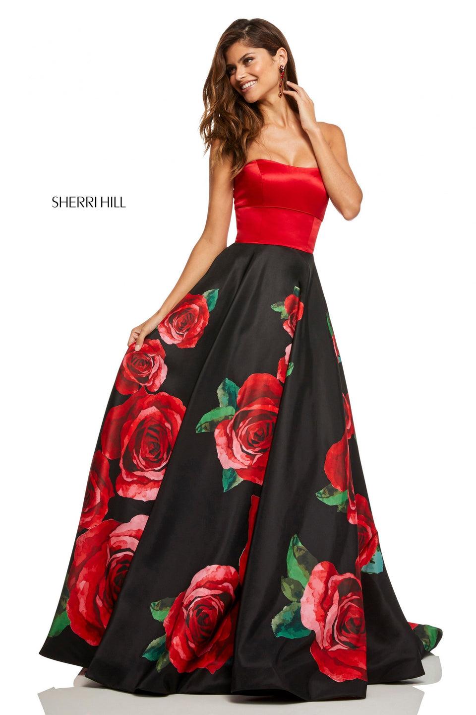 Sherri Hill Strapless Satin A-line With Rose Print Skirt