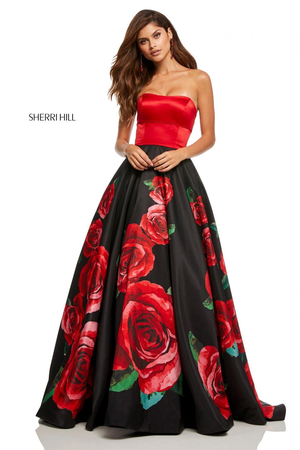 Sherri Hill Strapless Satin A-line With Rose Print Skirt