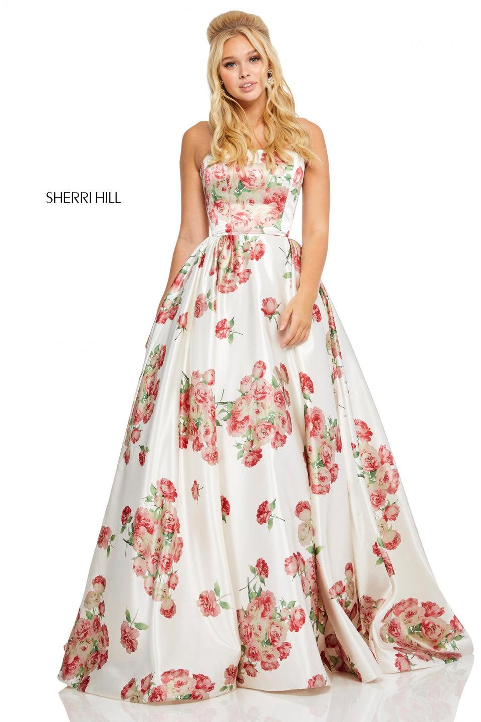 Sherri Hill Strapless Satin Ball Gown In A Floral Print
