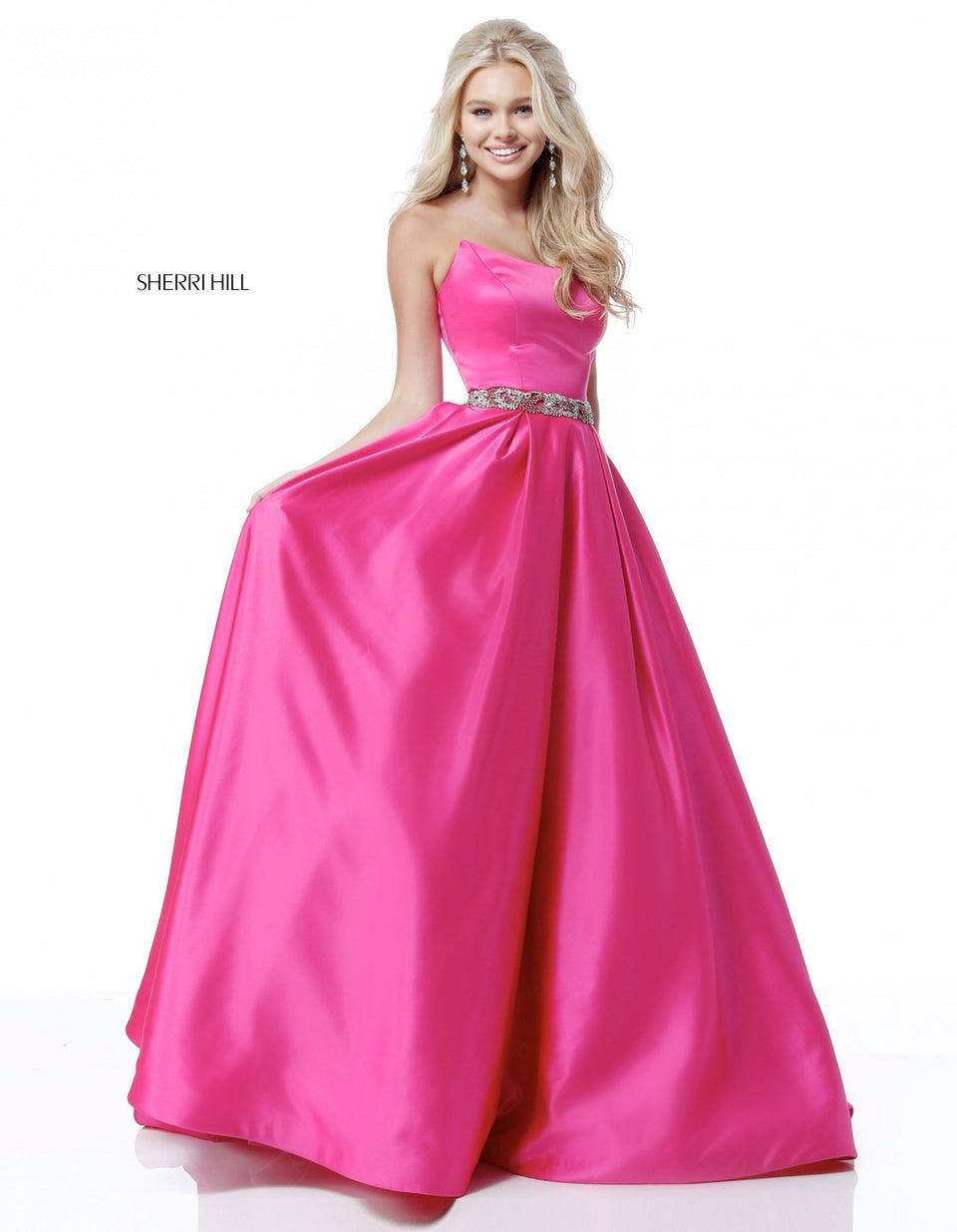 Sherri Hill Strapless Satin Ball Gown With Bead Encrusted Belt