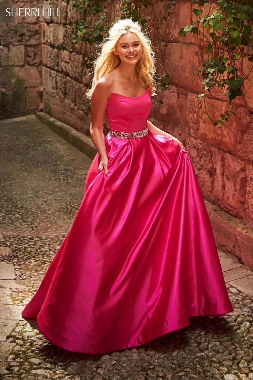 Sherri Hill Strapless Satin Ball Gown With Bead Encrusted Belt