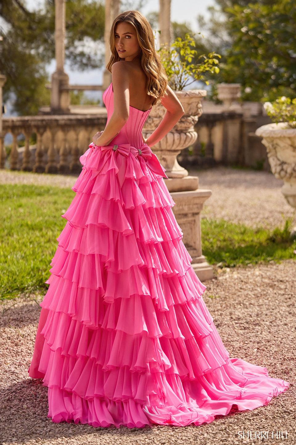 Sherri Hill Strapless Satin Ball Gown With Bows On Waist And Chiffon Ruffle Skirt