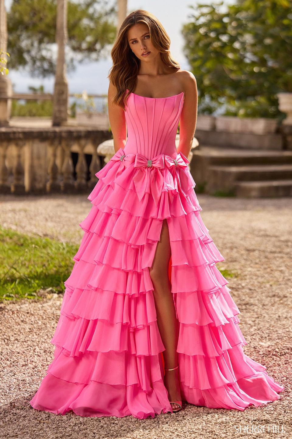 Sherri Hill Strapless Satin Ball Gown With Bows On Waist And Chiffon Ruffle Skirt