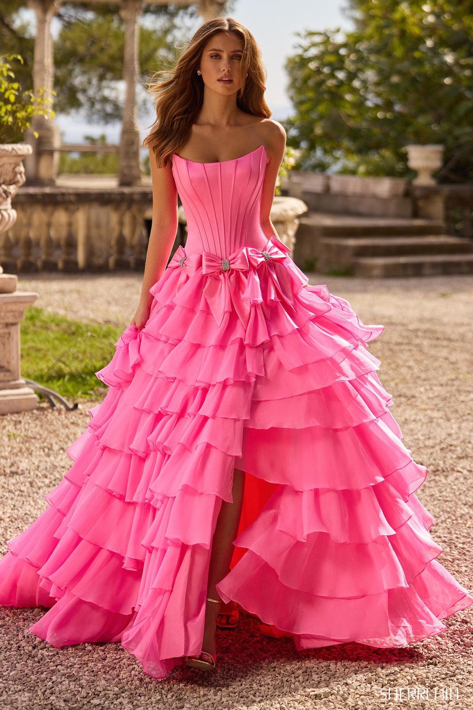 sherri hill Strapless satin ball gown with bows on waist and chiffon ruffle skirt